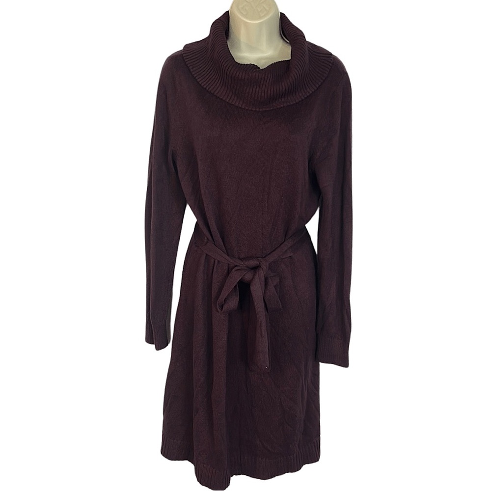 Market & Spruce - Deep Purple | Cowl Neck MIDI Sweater Dress with Belt - Size: S